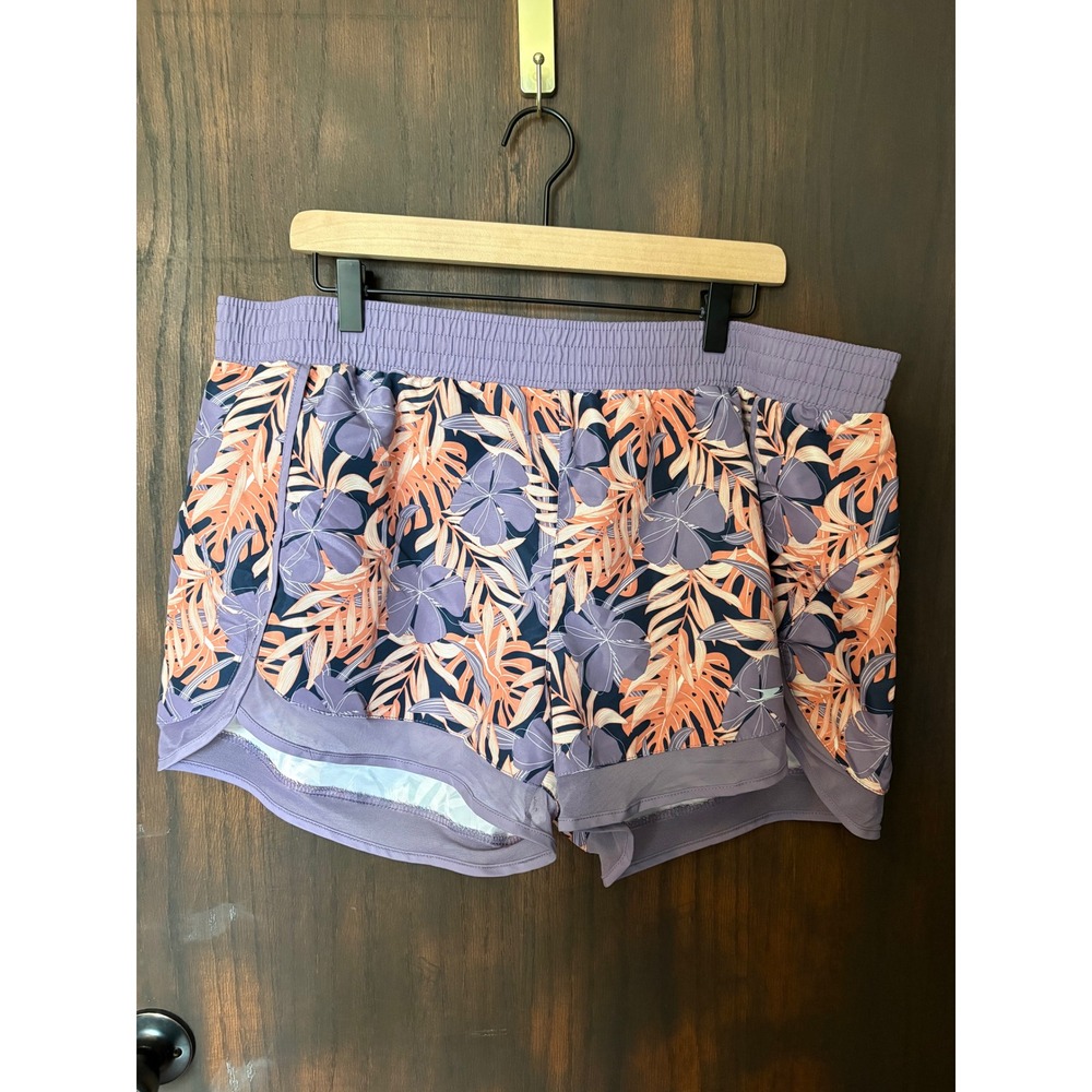 Crane Womens XL Tropical Floral Running Shorts Purple Coral Mesh Trim Athletic